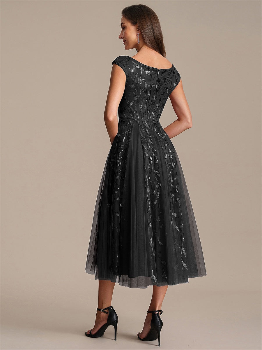Robe midi sans manches col en V à sequins et coupe évasée #Couleur_Noir