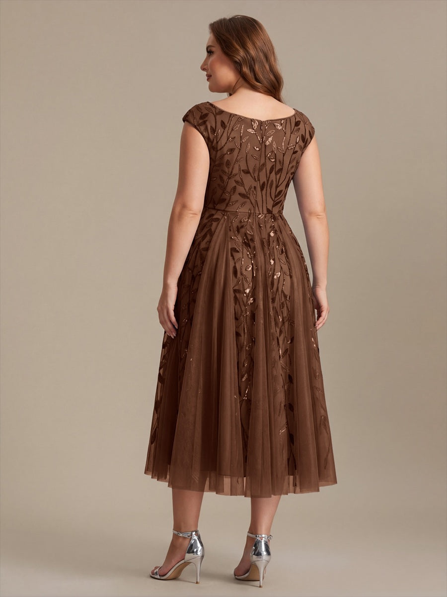 Robe midi sans manches col en V à sequins et coupe évasée #Couleur_Brun