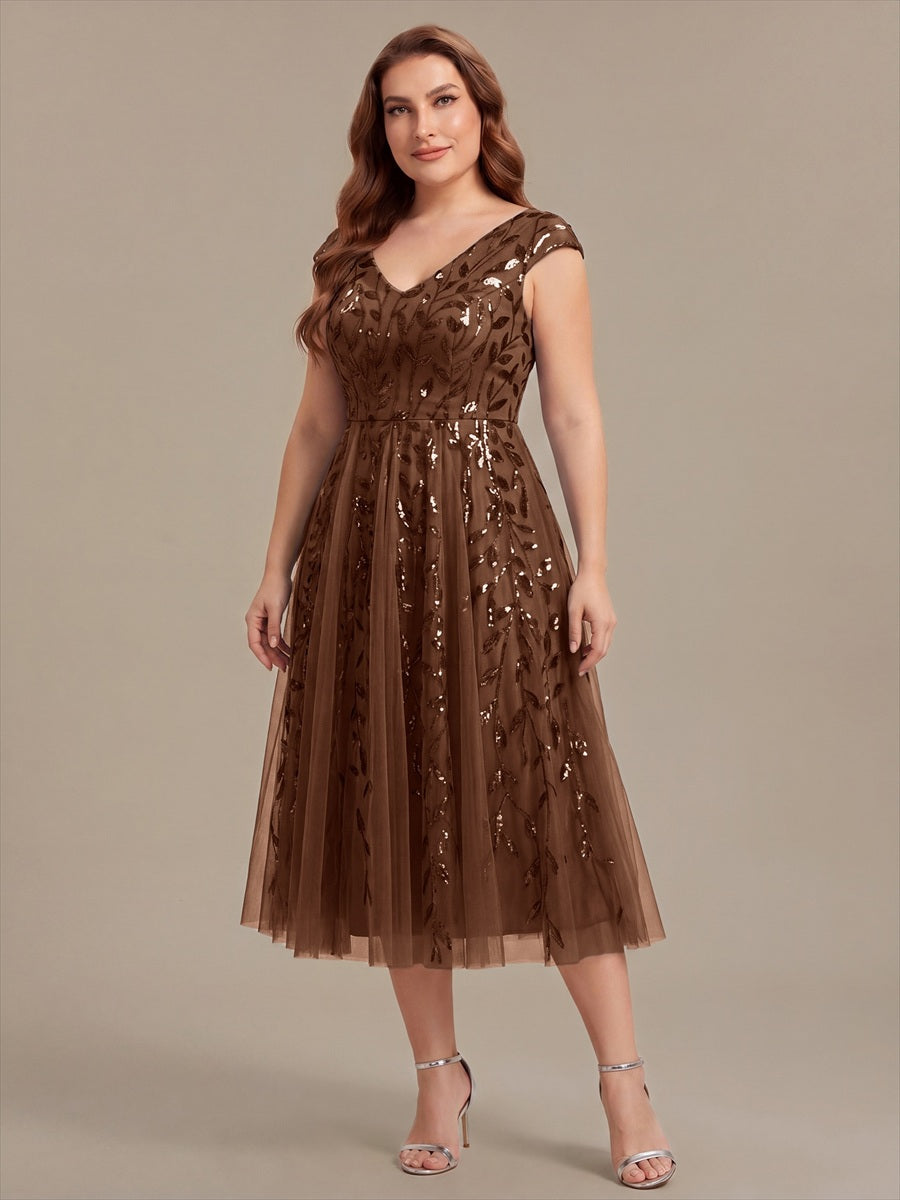 Robe midi sans manches col en V à sequins et coupe évasée #Couleur_Brun