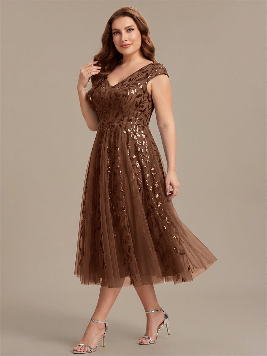 Robe midi sans manches col en V à sequins et coupe évasée #Couleur_Brun