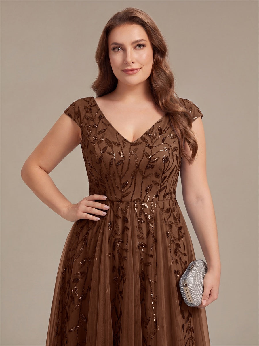 Robe midi sans manches col en V à sequins et coupe évasée #Couleur_Brun