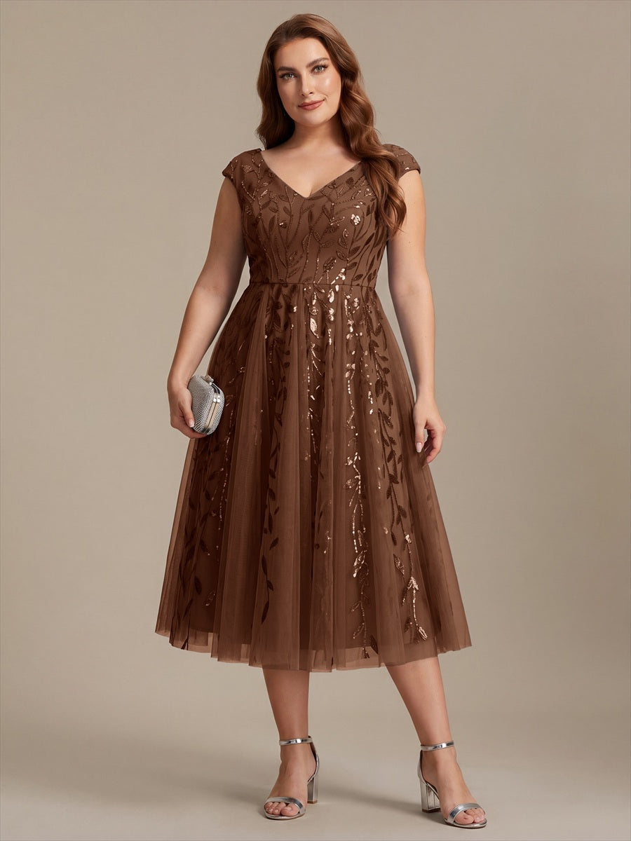Robe midi sans manches col en V à sequins et coupe évasée #Couleur_Brun