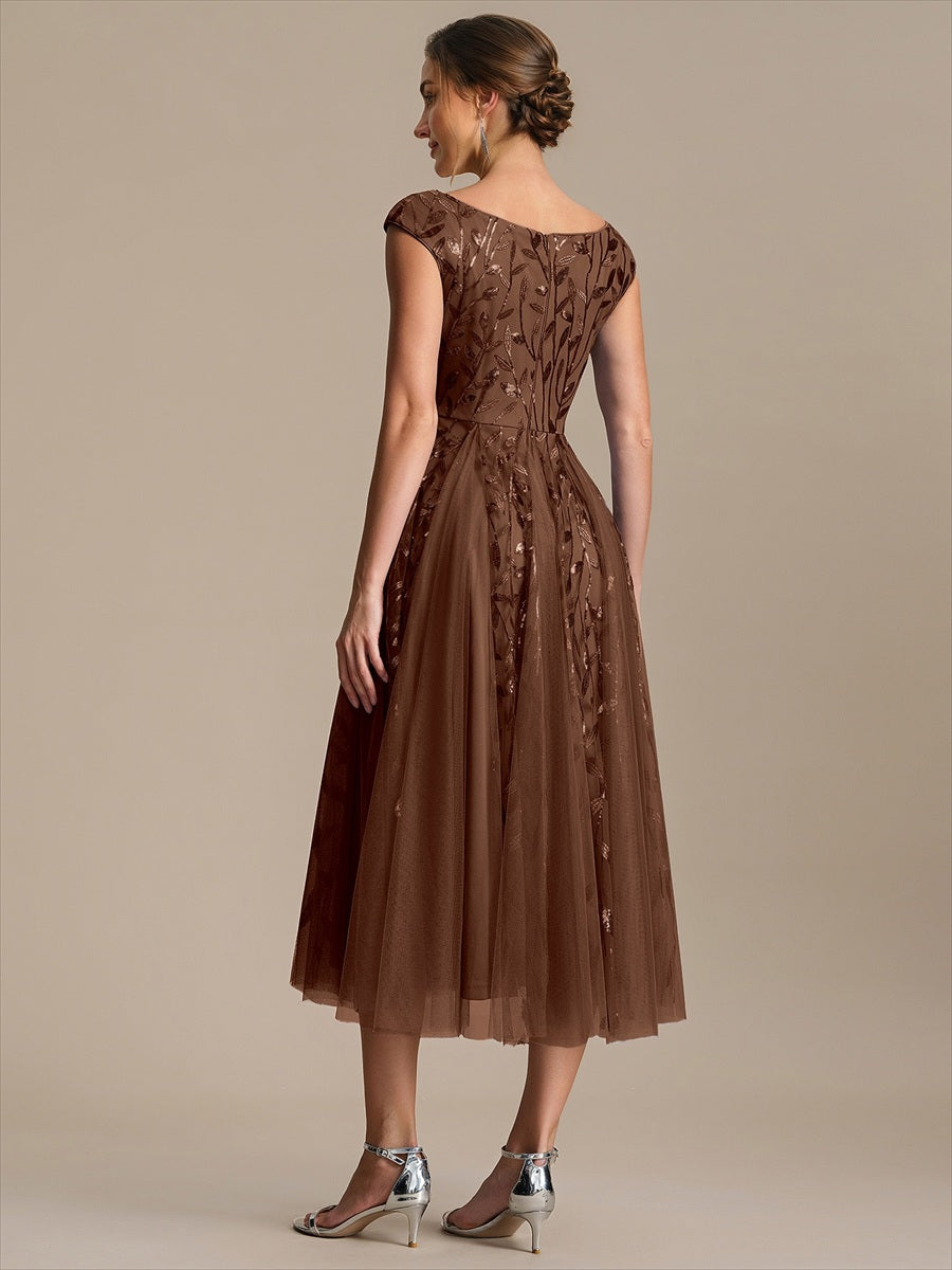 Robe midi sans manches col en V à sequins et coupe évasée #Couleur_Brun