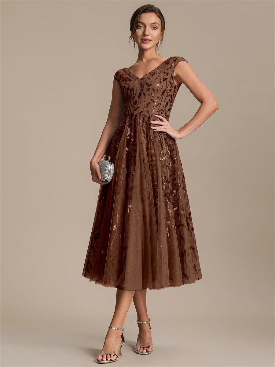 Robe midi sans manches col en V à sequins et coupe évasée #Couleur_Brun
