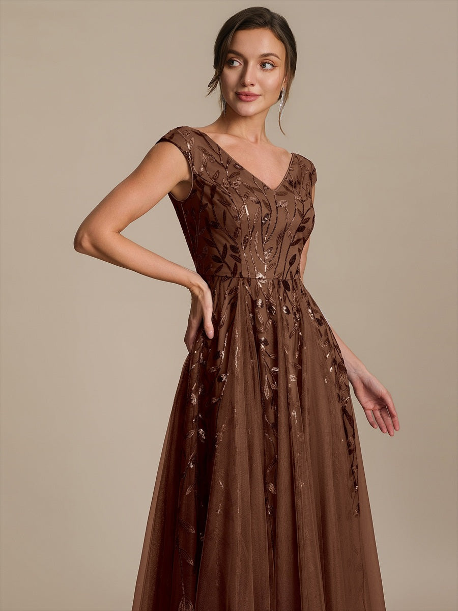 Robe midi sans manches col en V à sequins et coupe évasée #Couleur_Brun