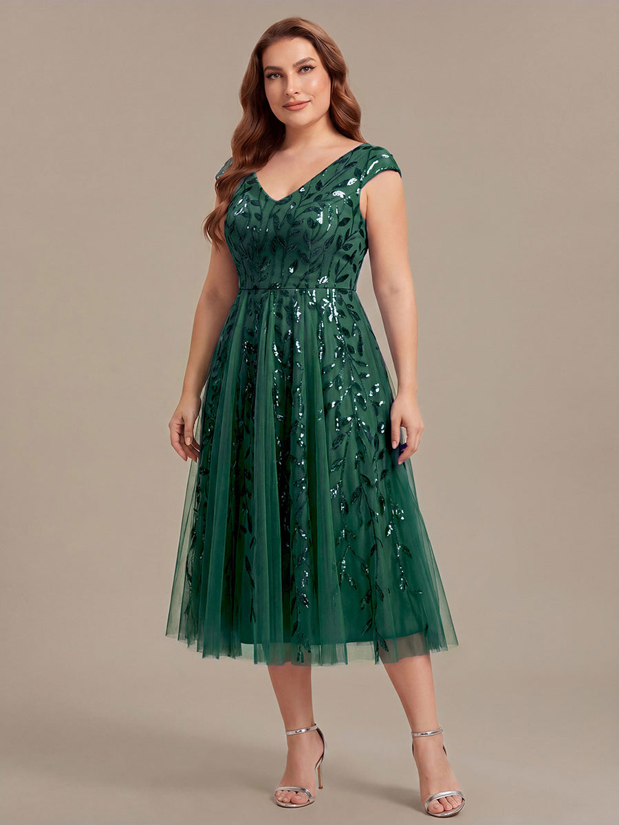 Robe midi sans manches col en V à sequins et coupe évasée #Couleur_Vert Fonce