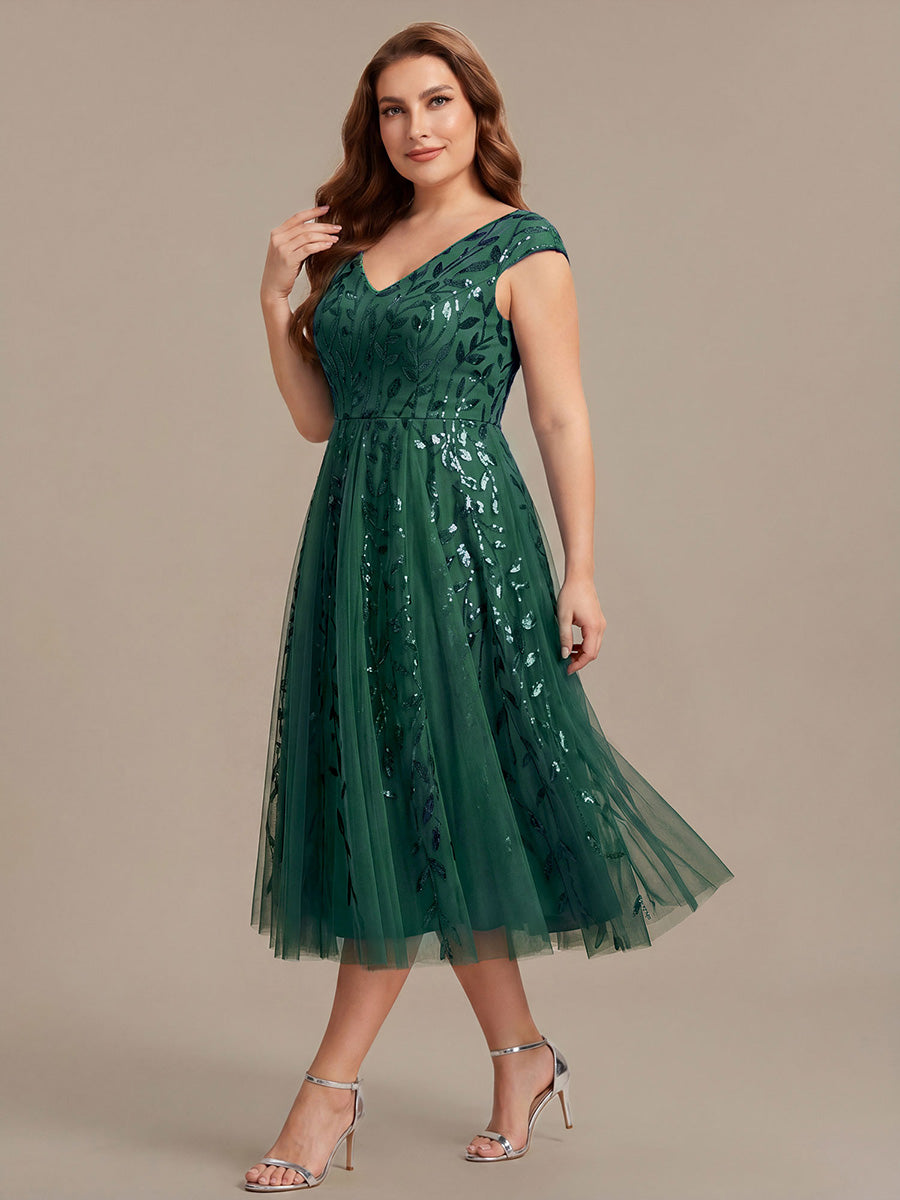 Robe midi sans manches col en V à sequins et coupe évasée #Couleur_Vert Fonce