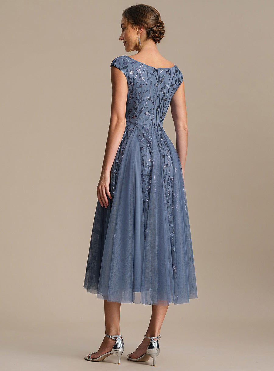 Robe midi sans manches col en V à sequins et coupe évasée #Couleur_Marine Fume