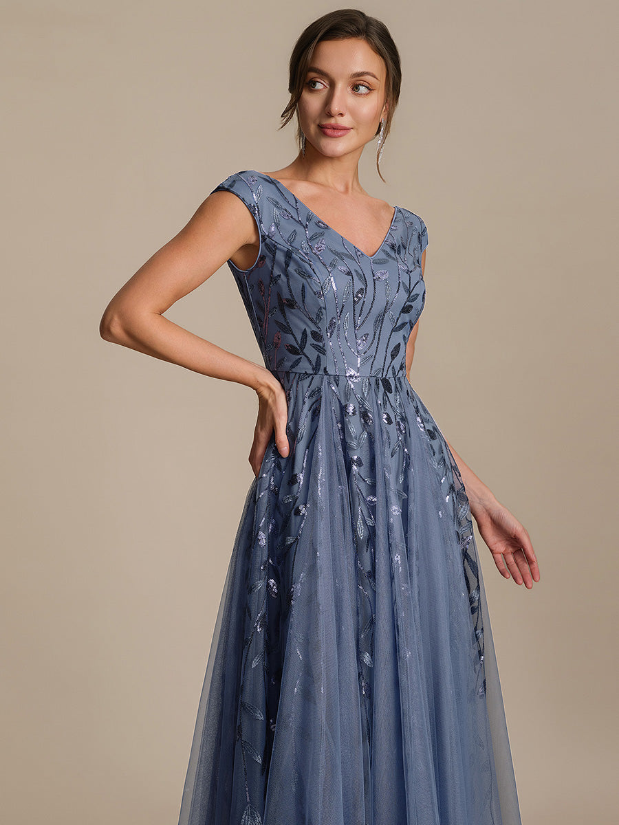 Robe midi sans manches col en V à sequins et coupe évasée #Couleur_Marine Fume