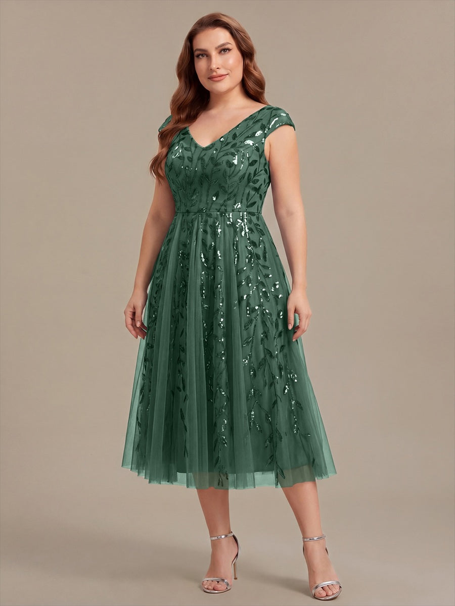 Robe midi sans manches col en V à sequins et coupe évasée #Couleur_Eucalyptus