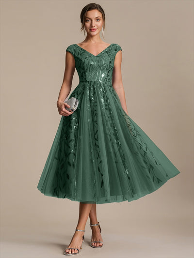 Robe midi sans manches col en V à sequins et coupe évasée