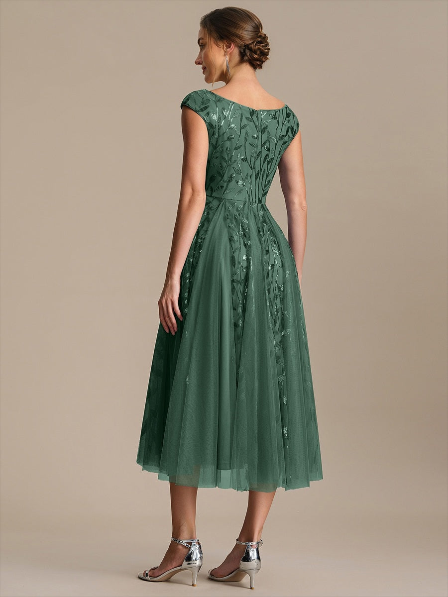 Robe midi sans manches col en V à sequins et coupe évasée #Couleur_Eucalyptus