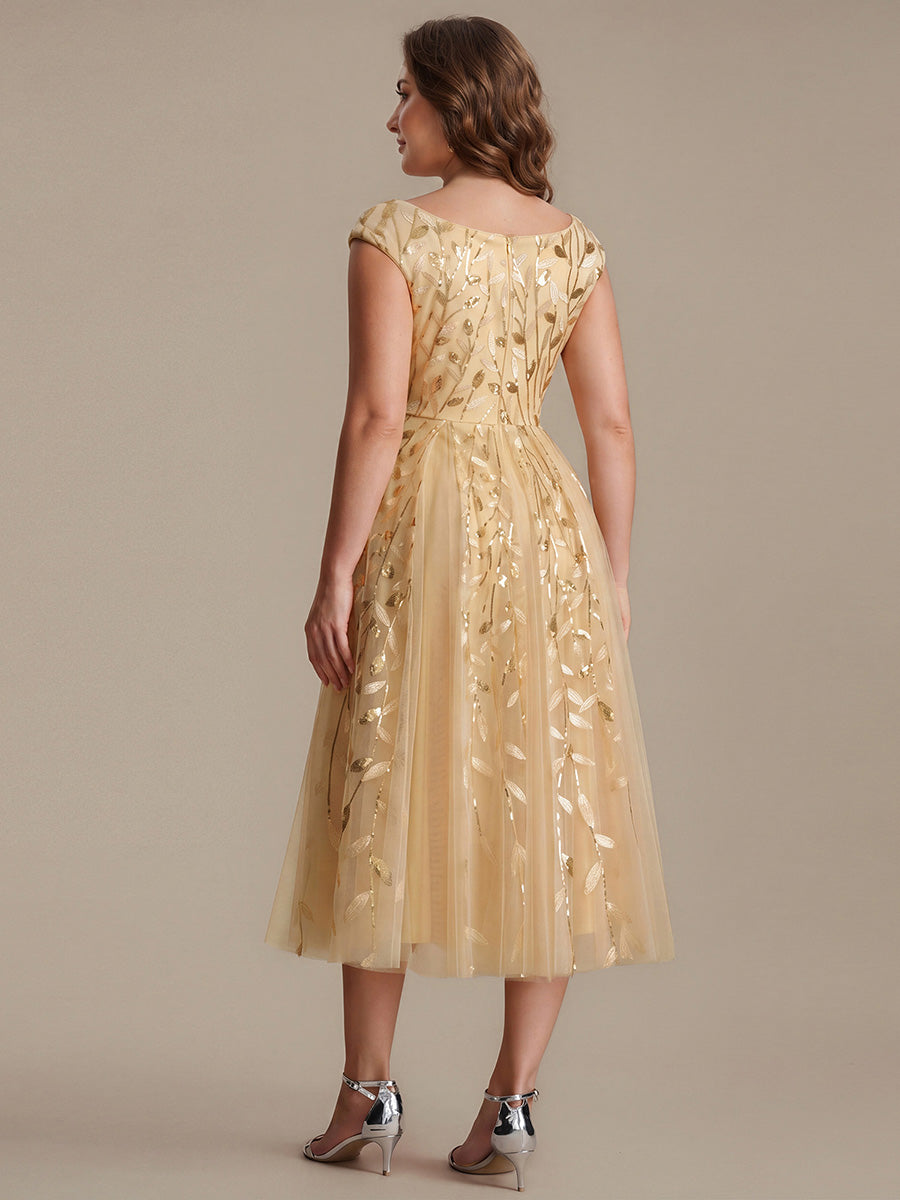 Robe midi sans manches col en V à sequins et coupe évasée #Couleur_Dorée