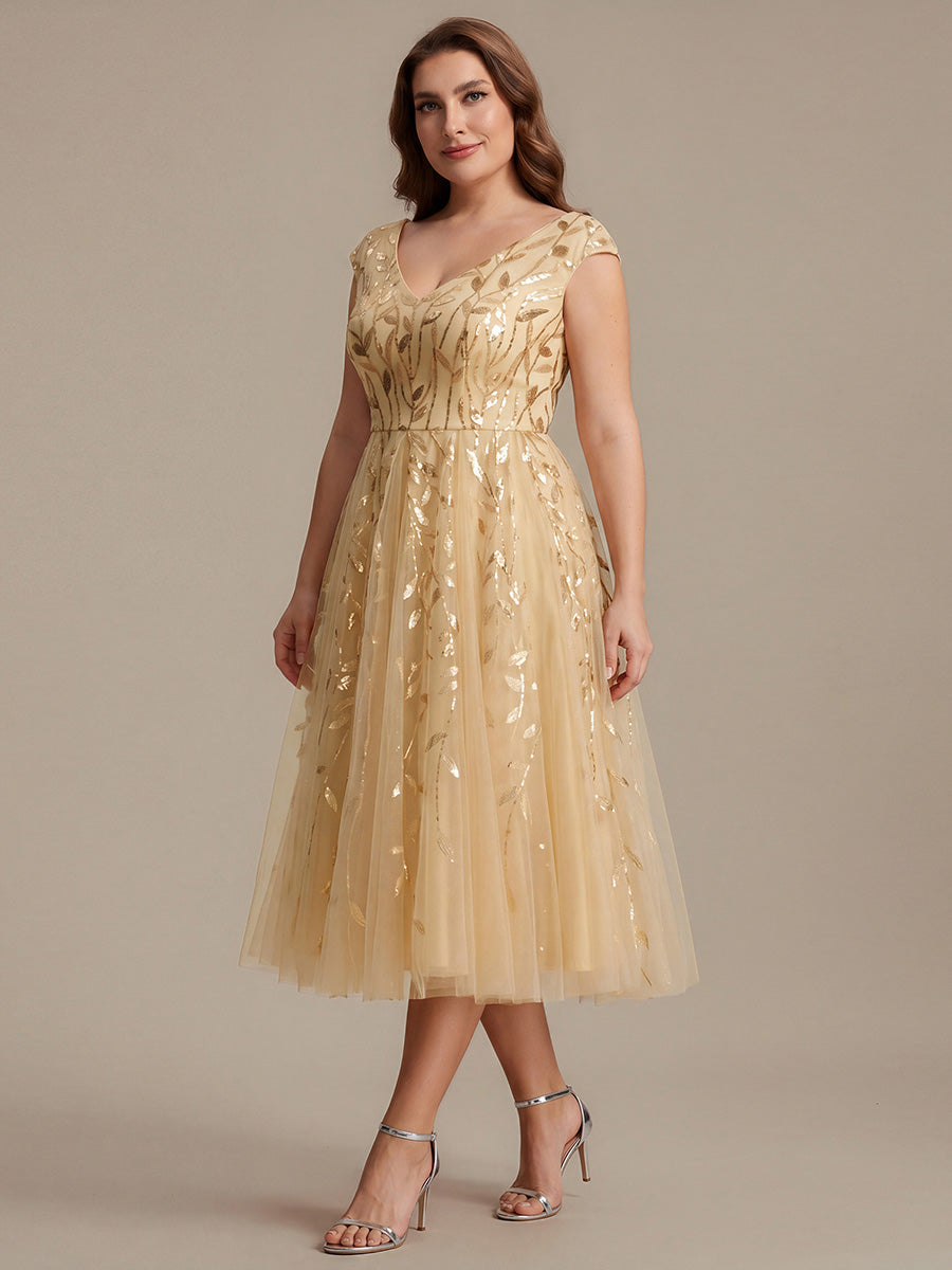 Robe midi sans manches col en V à sequins et coupe évasée #Couleur_Dorée