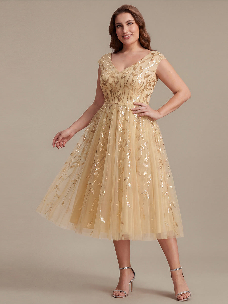 Robe midi sans manches col en V à sequins et coupe évasée #Couleur_Dorée