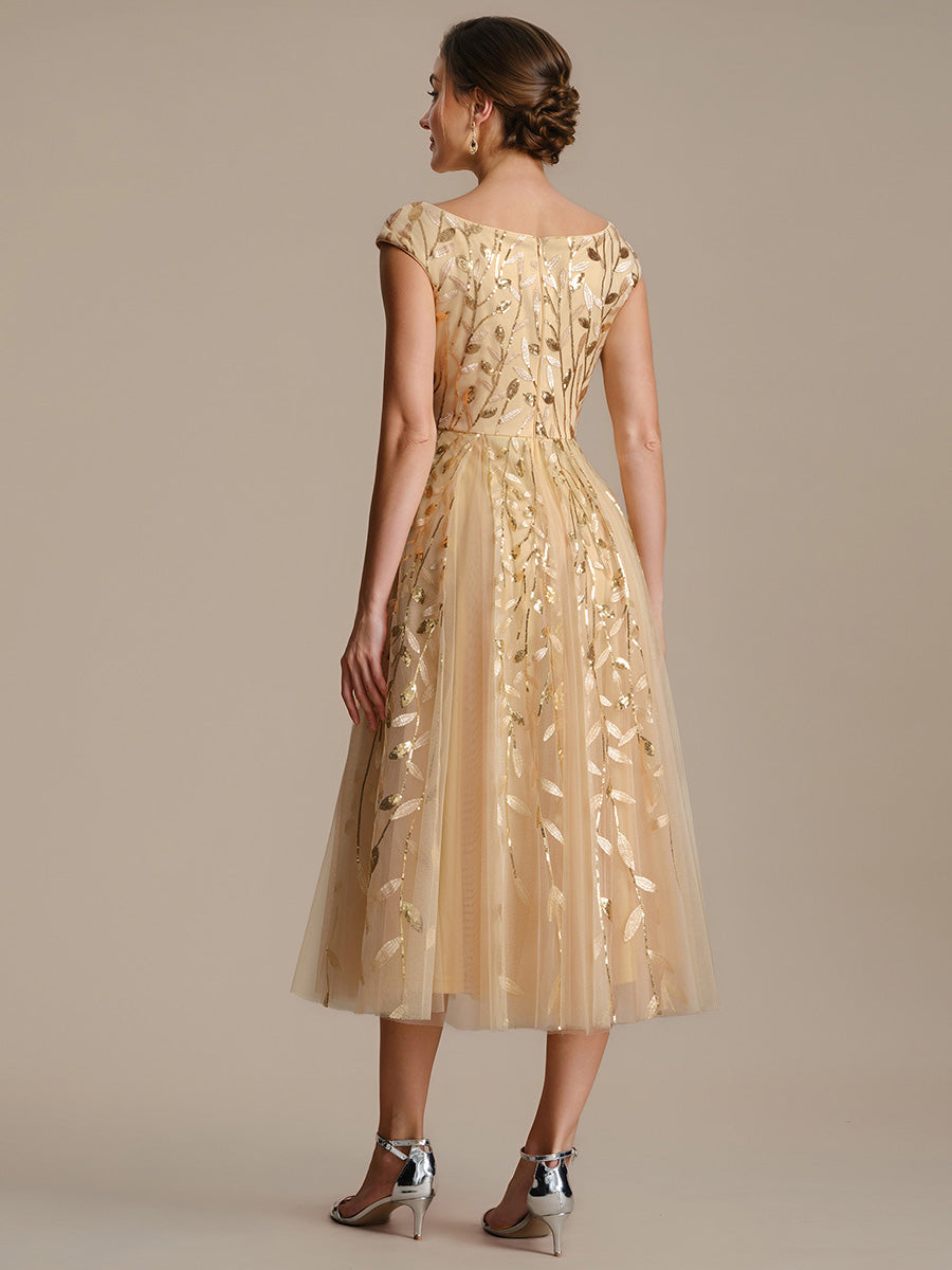 Robe midi sans manches col en V à sequins et coupe évasée #Couleur_Dorée
