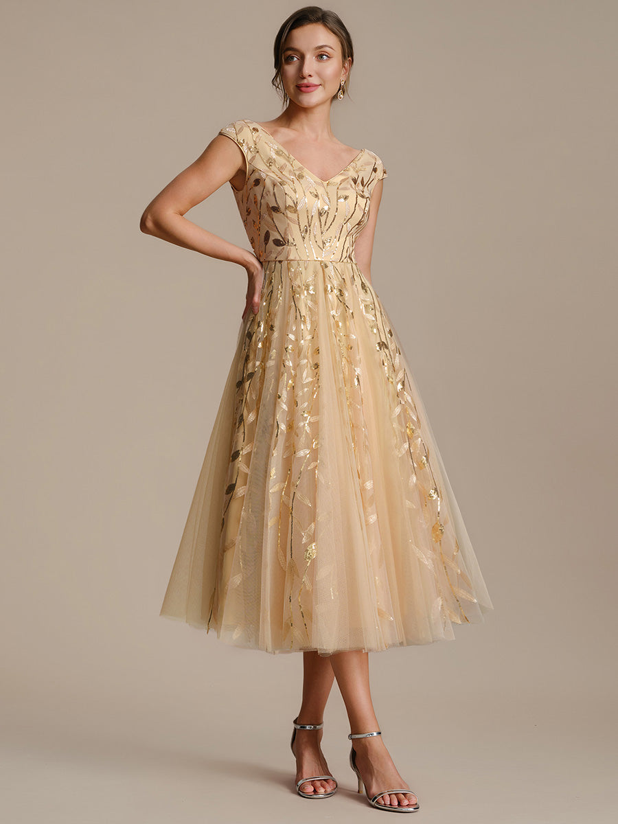 Robe midi sans manches col en V à sequins et coupe évasée #Couleur_Dorée