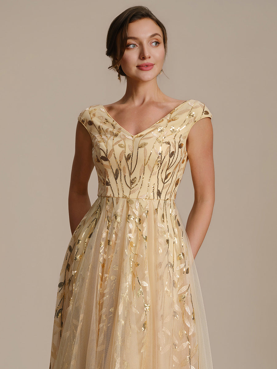 Robe midi sans manches col en V à sequins et coupe évasée #Couleur_Dorée