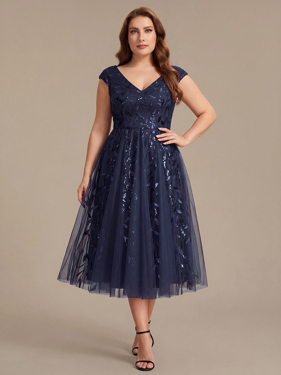 Robe midi sans manches col en V à sequins et coupe évasée #Couleur_Bleu Marine