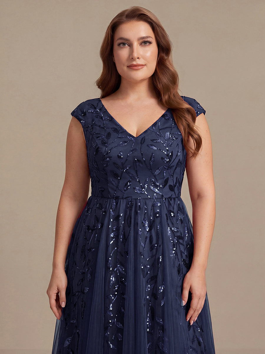 Robe midi sans manches col en V à sequins et coupe évasée #Couleur_Bleu Marine