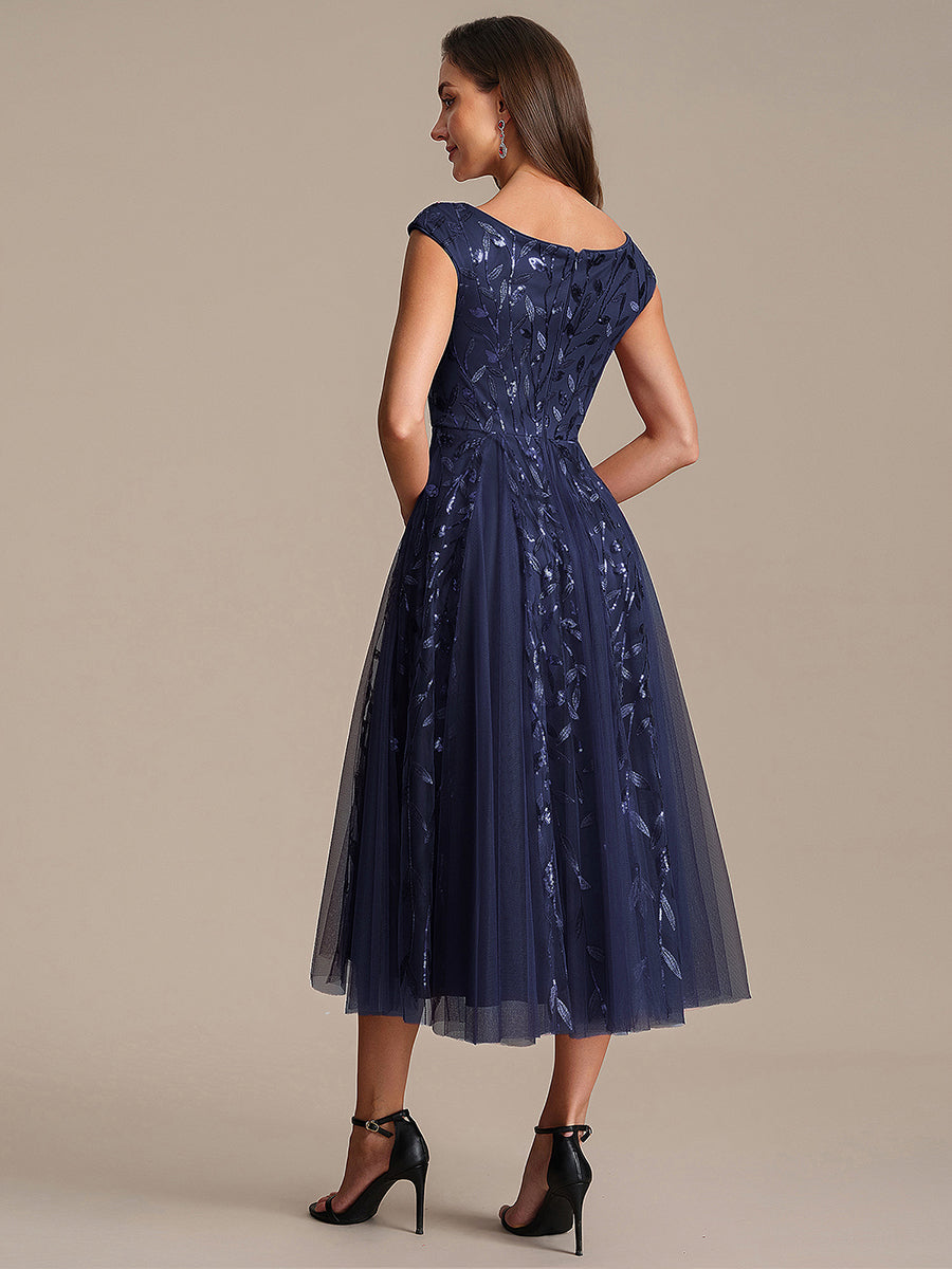 Robe midi sans manches col en V à sequins et coupe évasée #Couleur_Bleu Marine