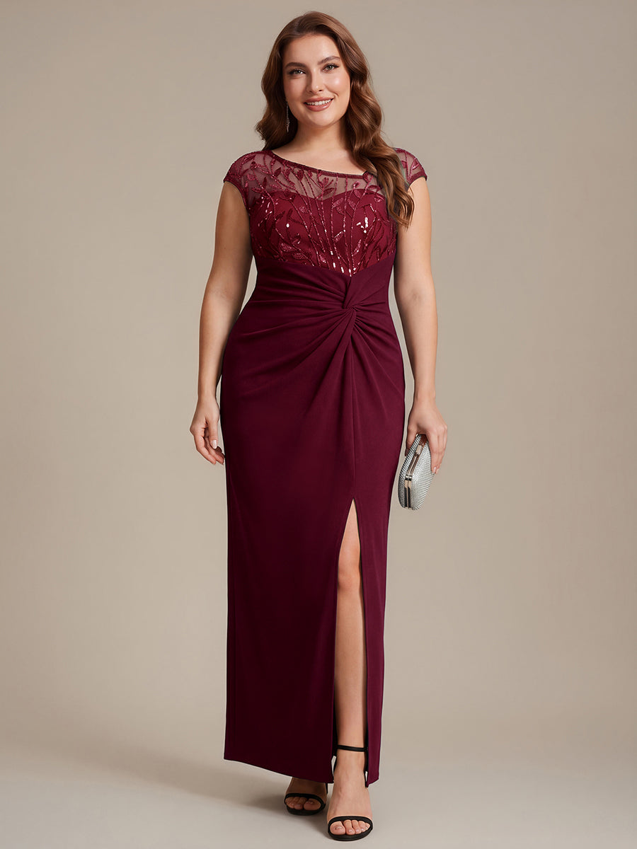 Robe longue moulante asymétrique à manches courtes en sequins extensibles #Couleur_Bordeaux