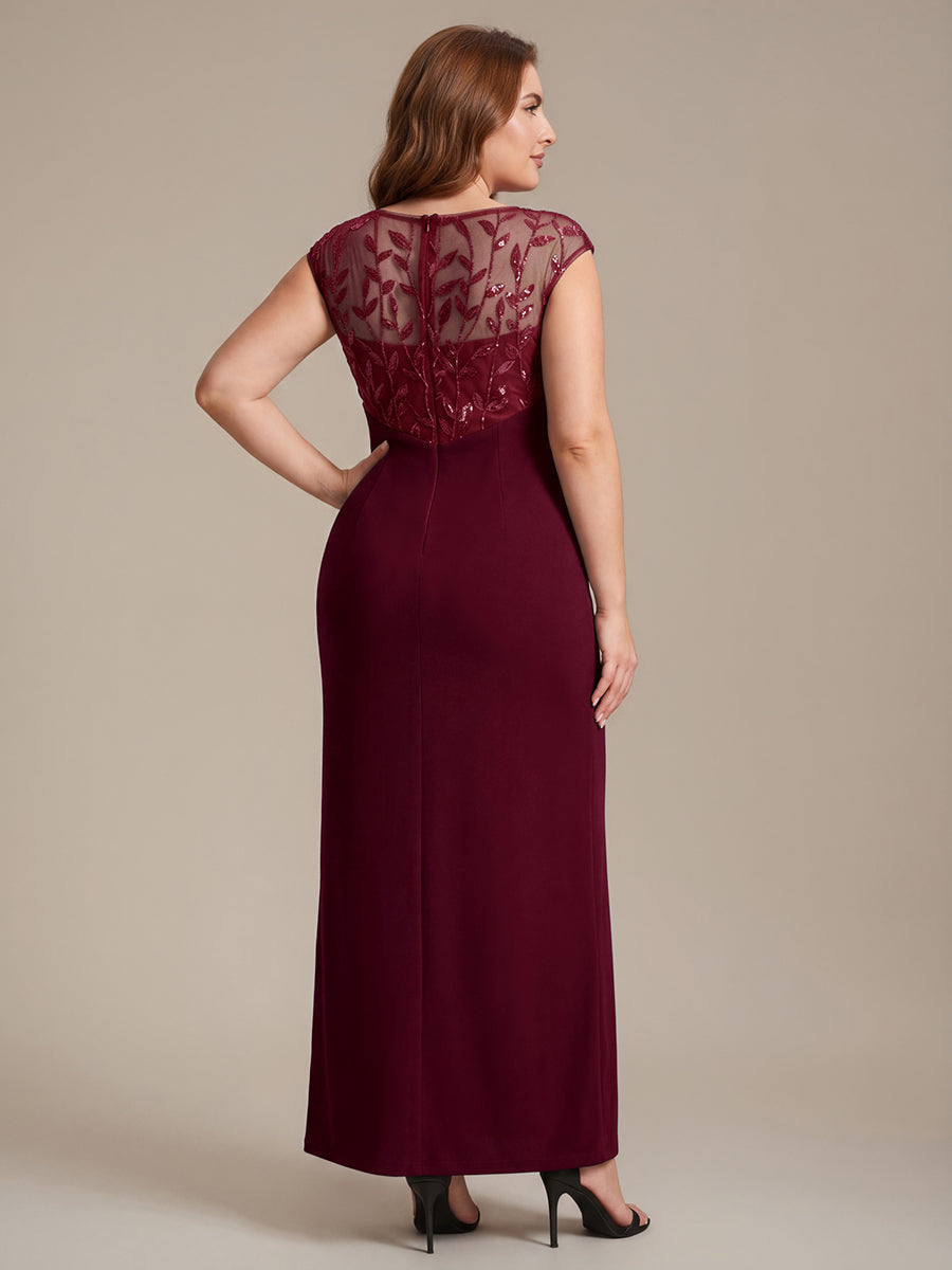 Robe longue moulante asymétrique à manches courtes en sequins extensibles #Couleur_Bordeaux