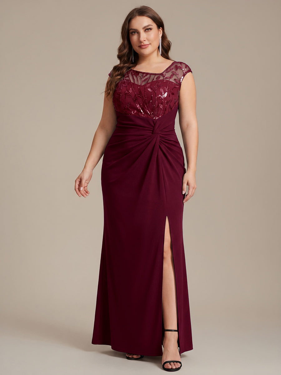 Robe longue moulante asymétrique à manches courtes en sequins extensibles #Couleur_Bordeaux