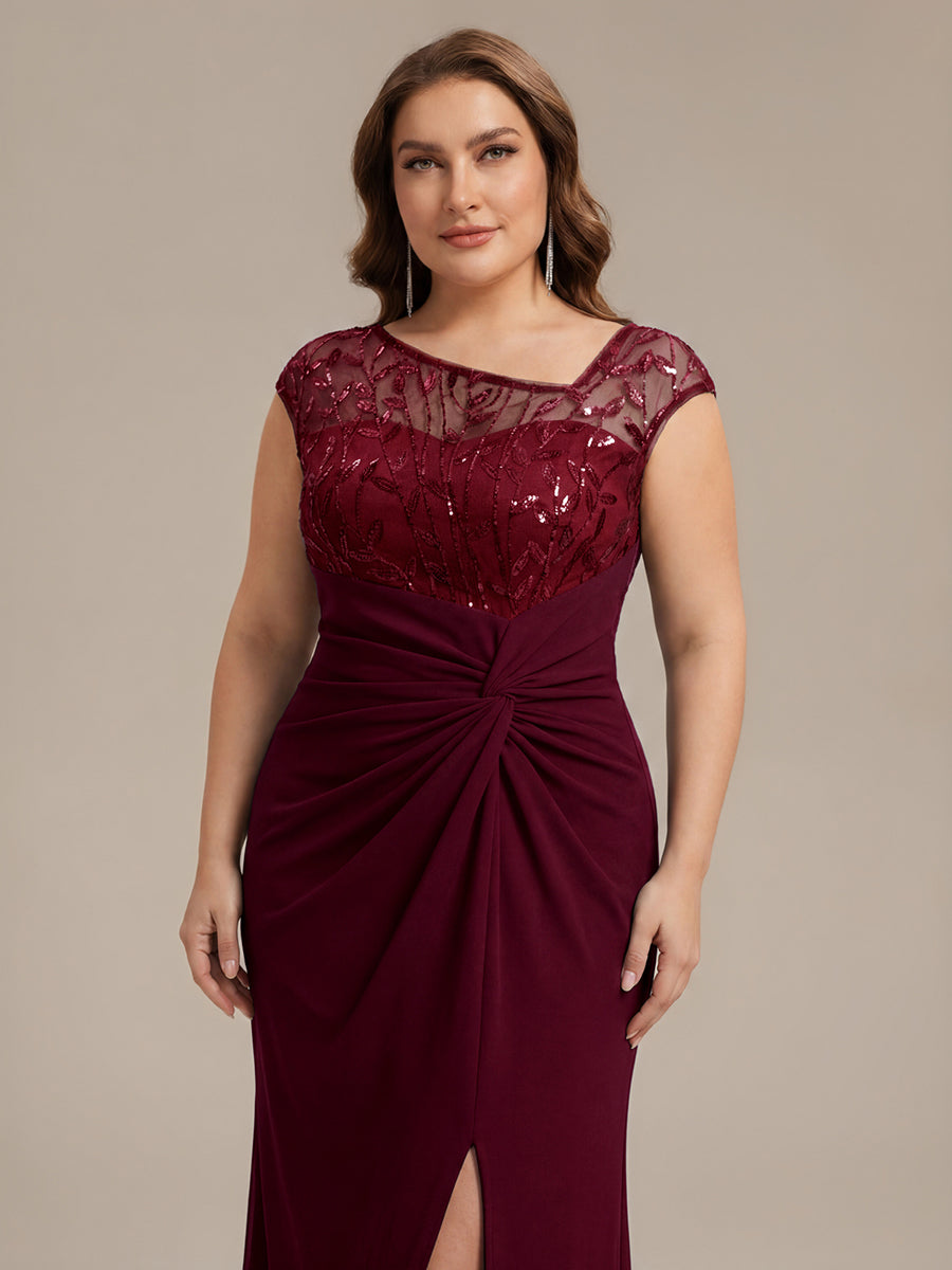 Robe longue moulante asymétrique à manches courtes en sequins extensibles #Couleur_Bordeaux