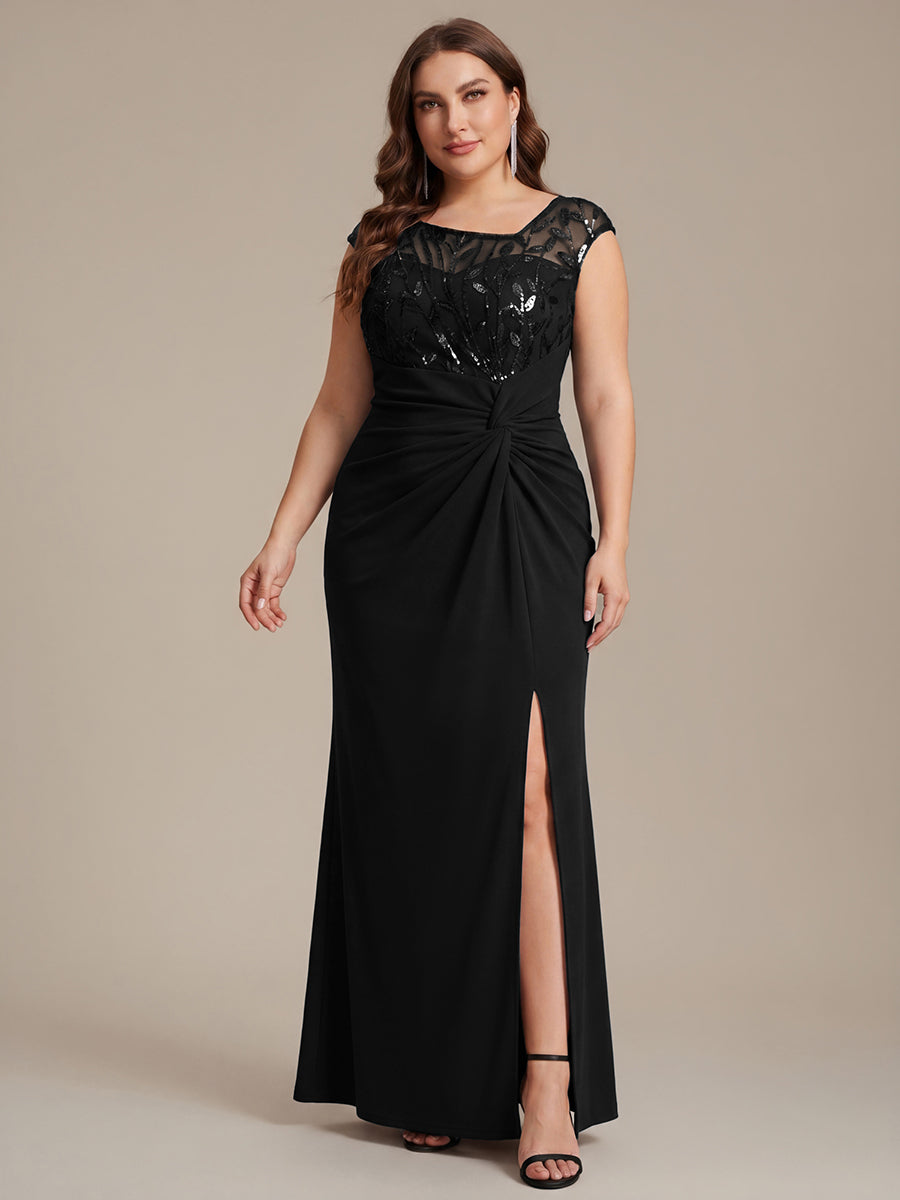 Robe longue moulante asymétrique à manches courtes en sequins extensibles #Couleur_Noir