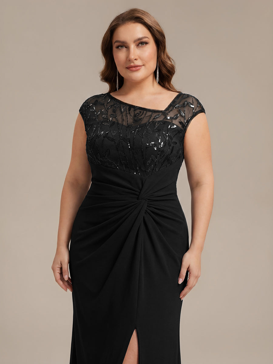 Robe longue moulante asymétrique à manches courtes en sequins extensibles #Couleur_Noir