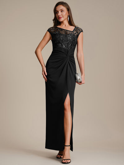 Robe longue moulante asymétrique à manches courtes en sequins extensibles