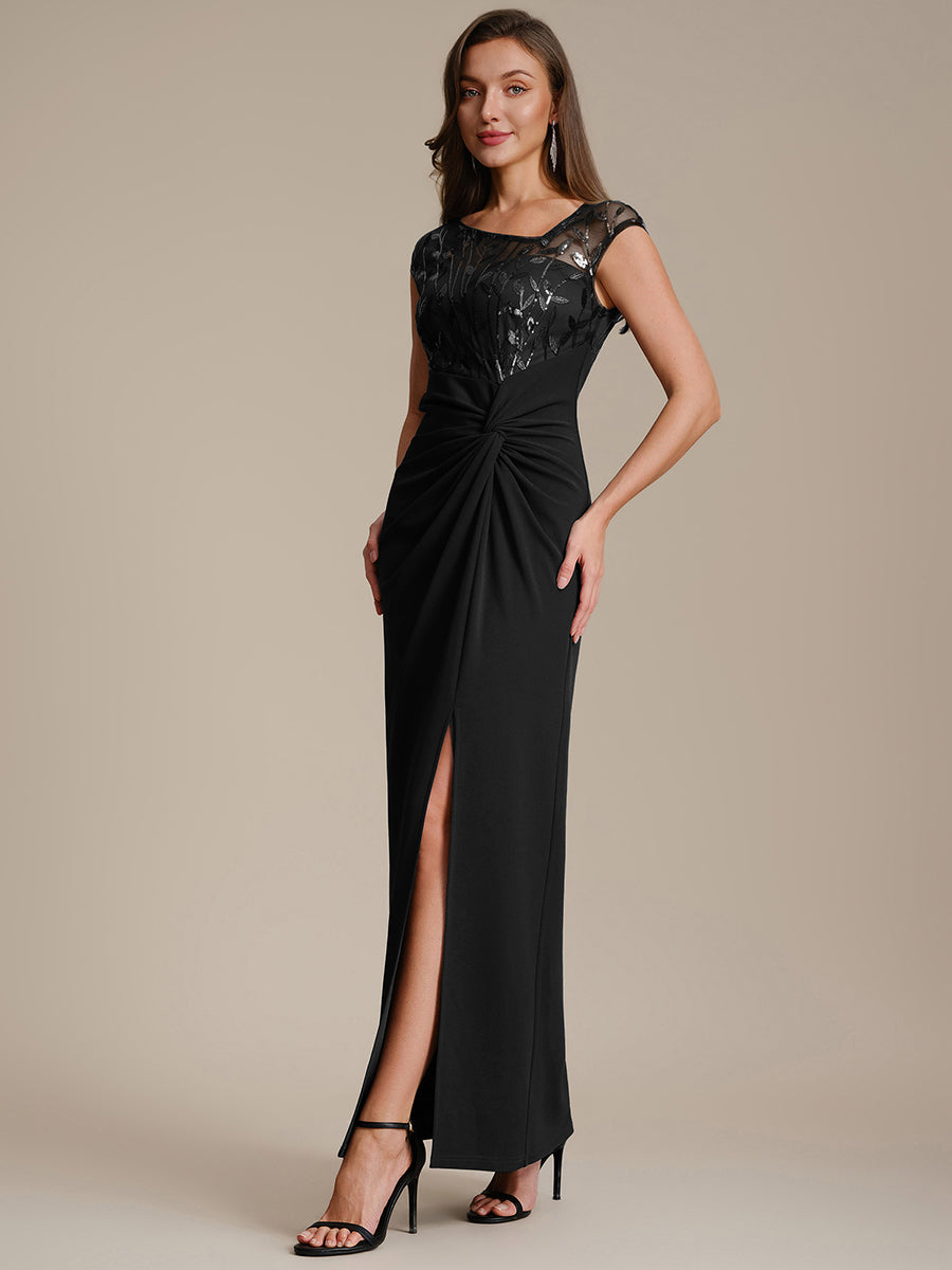 Robe longue moulante asymétrique à manches courtes en sequins extensibles #Couleur_Noir