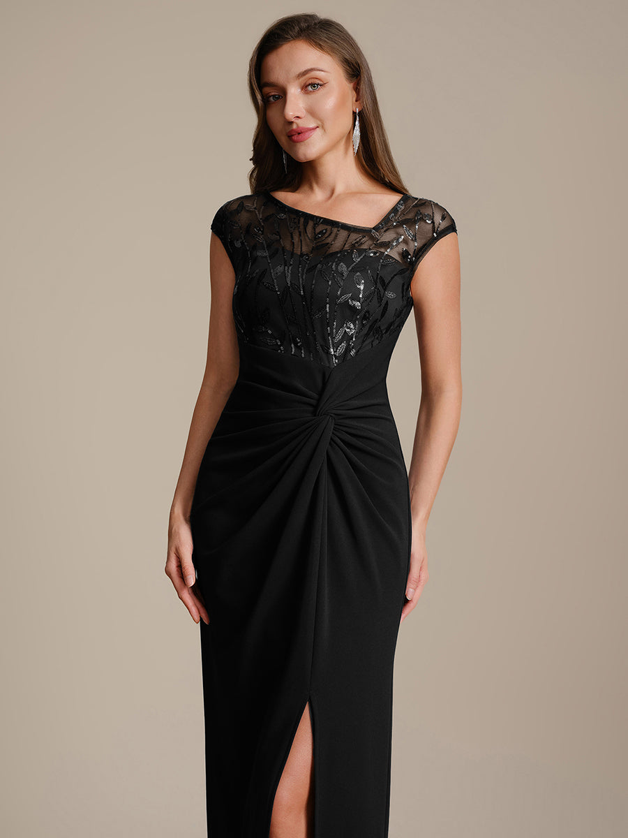 Robe longue moulante asymétrique à manches courtes en sequins extensibles #Couleur_Noir