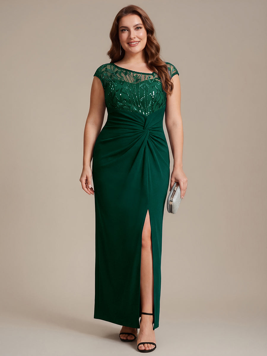 Robe longue moulante asymétrique à manches courtes en sequins extensibles #Couleur_Vert Fonce