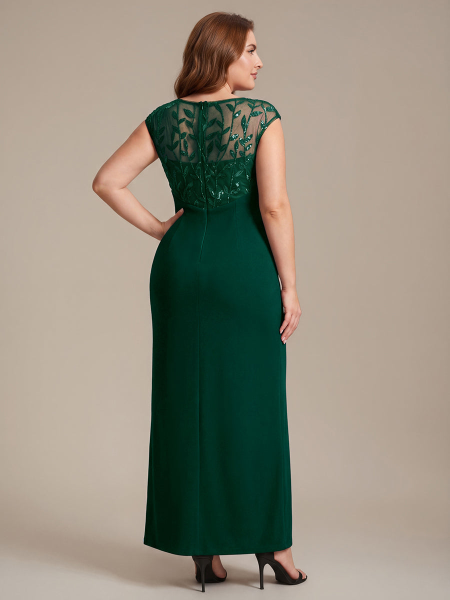 Robe longue moulante asymétrique à manches courtes en sequins extensibles #Couleur_Vert Fonce