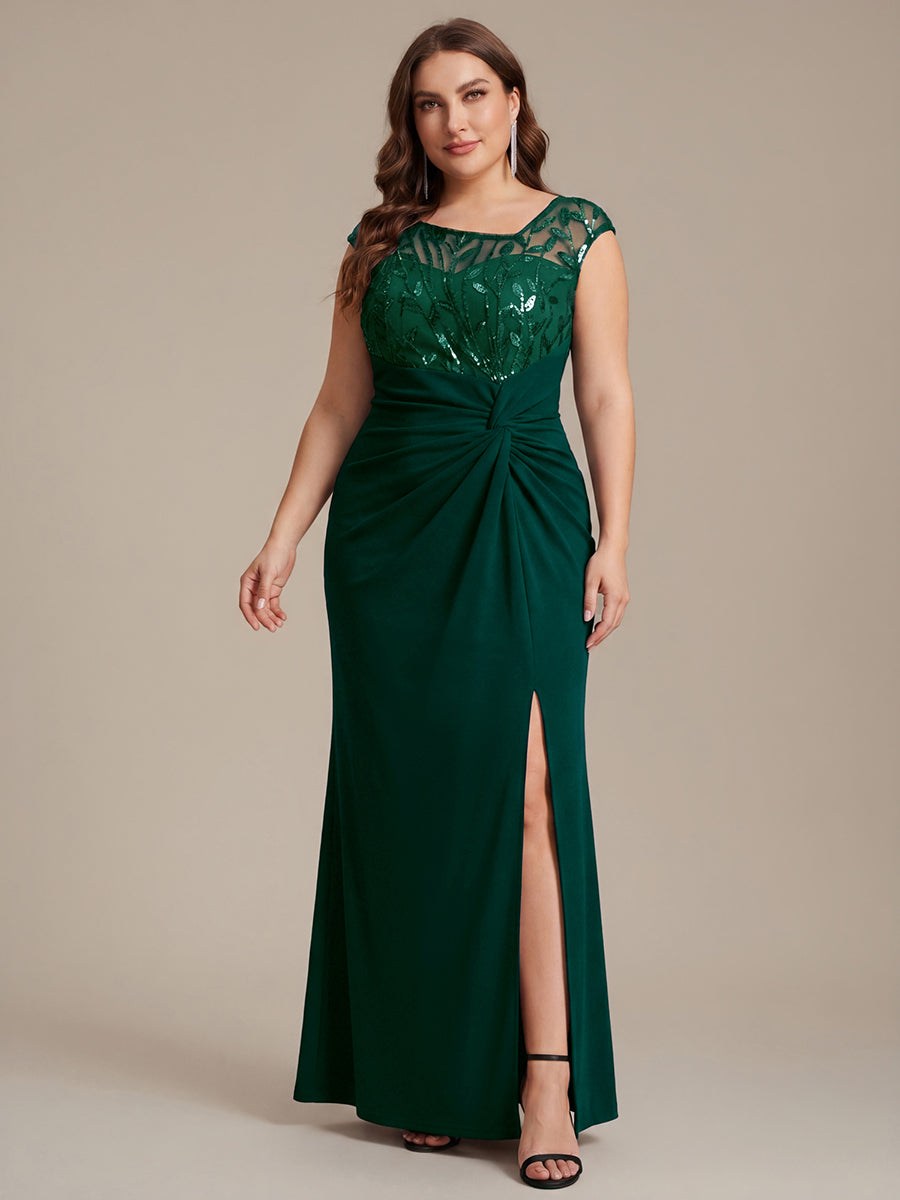 Robe longue moulante asymétrique à manches courtes en sequins extensibles #Couleur_Vert Fonce