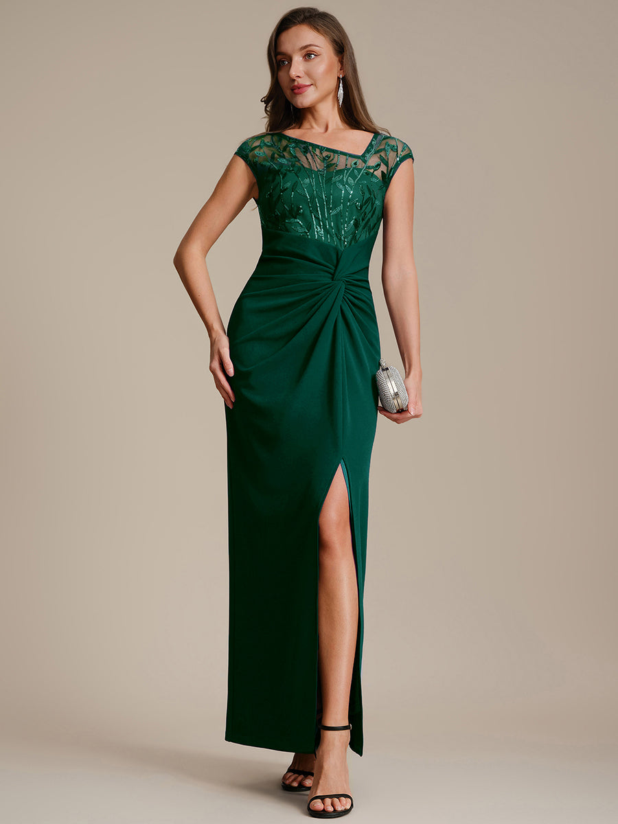 Robe longue moulante asymétrique à manches courtes en sequins extensibles #Couleur_Vert Fonce