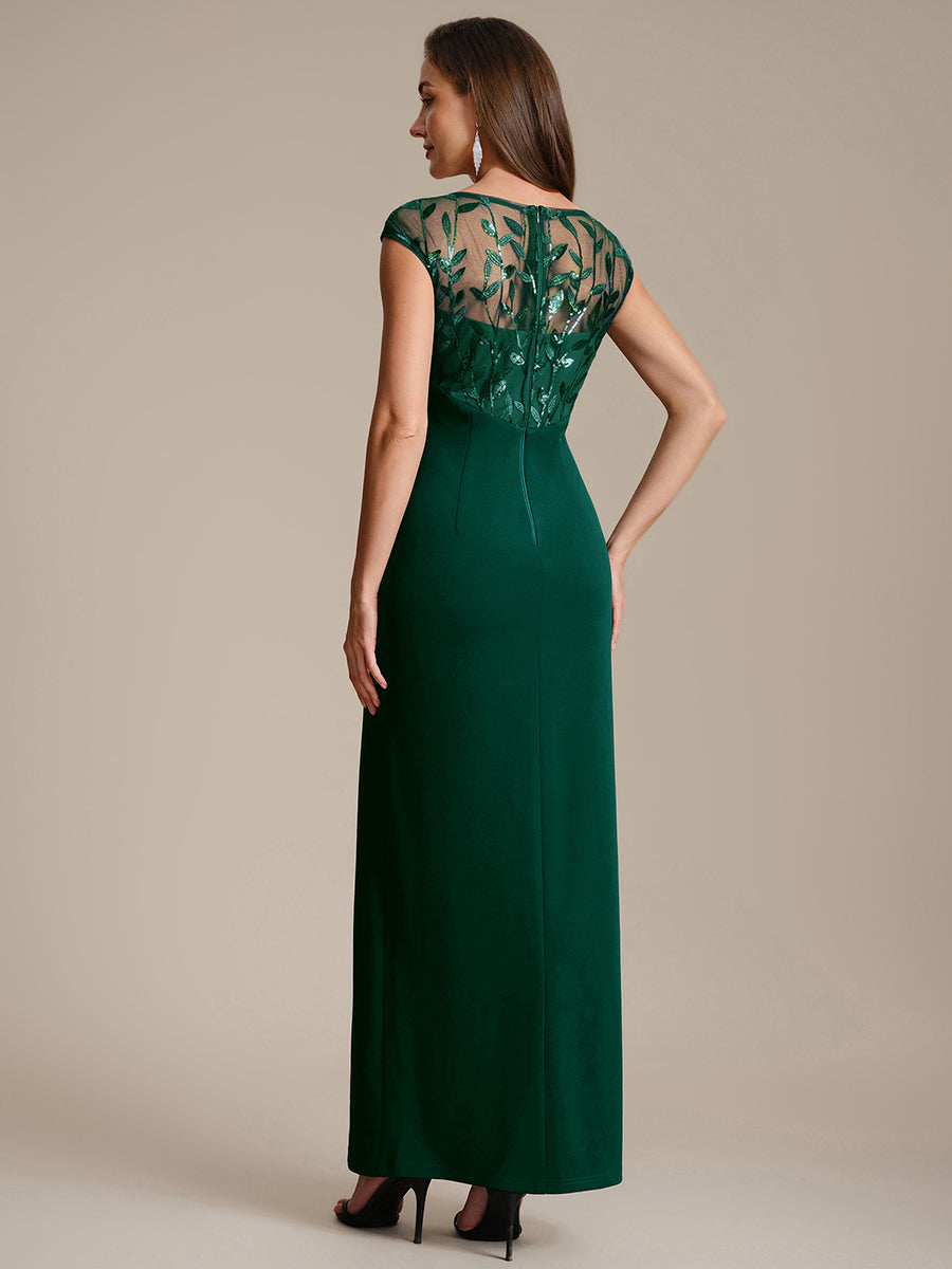Robe longue moulante asymétrique à manches courtes en sequins extensibles #Couleur_Vert Fonce