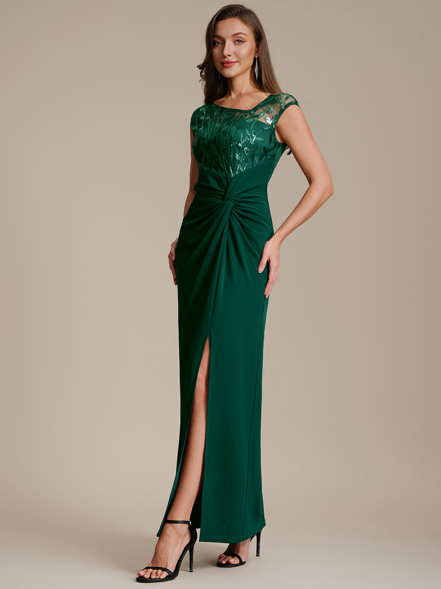 Robe longue moulante asymétrique à manches courtes en sequins extensibles #Couleur_Vert Fonce