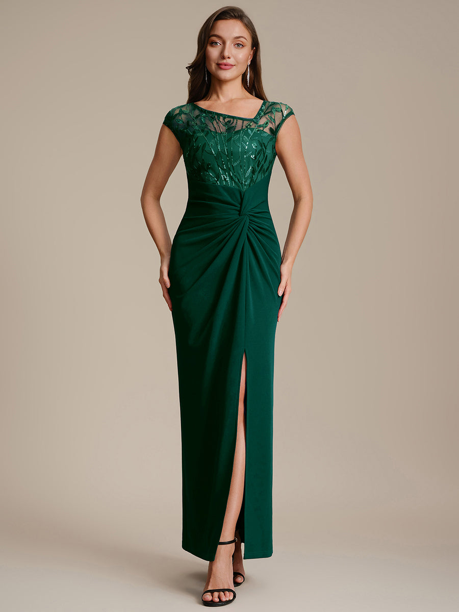 Robe longue moulante asymétrique à manches courtes en sequins extensibles #Couleur_Vert Fonce