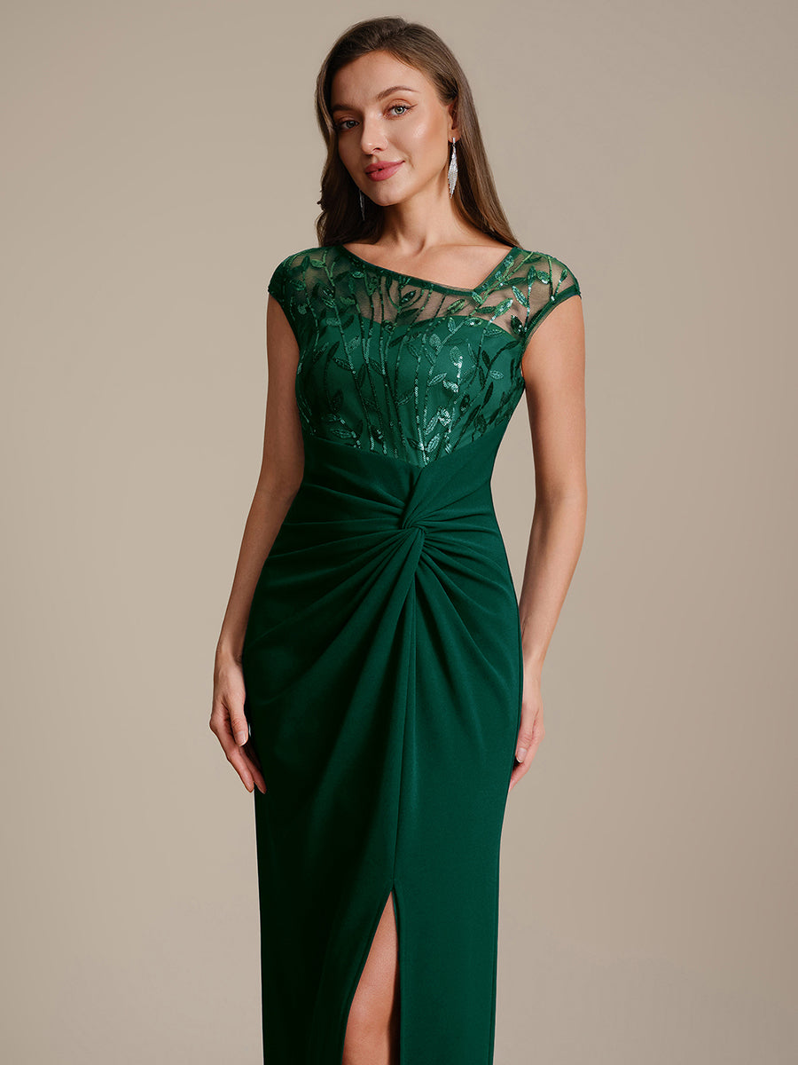 Robe longue moulante asymétrique à manches courtes en sequins extensibles #Couleur_Vert Fonce