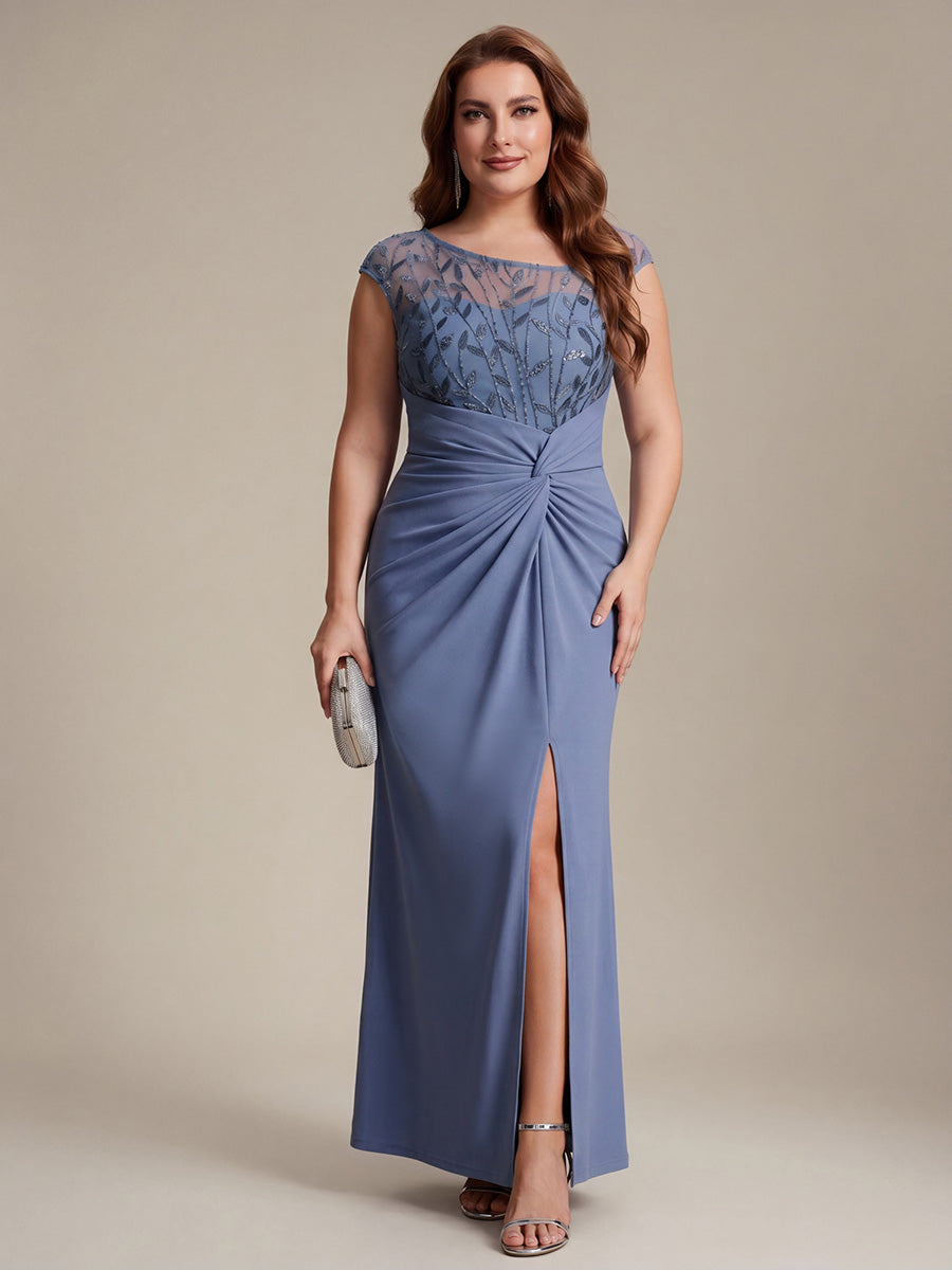 Robe longue moulante asymétrique à manches courtes en sequins extensibles #Couleur_Marine Fume