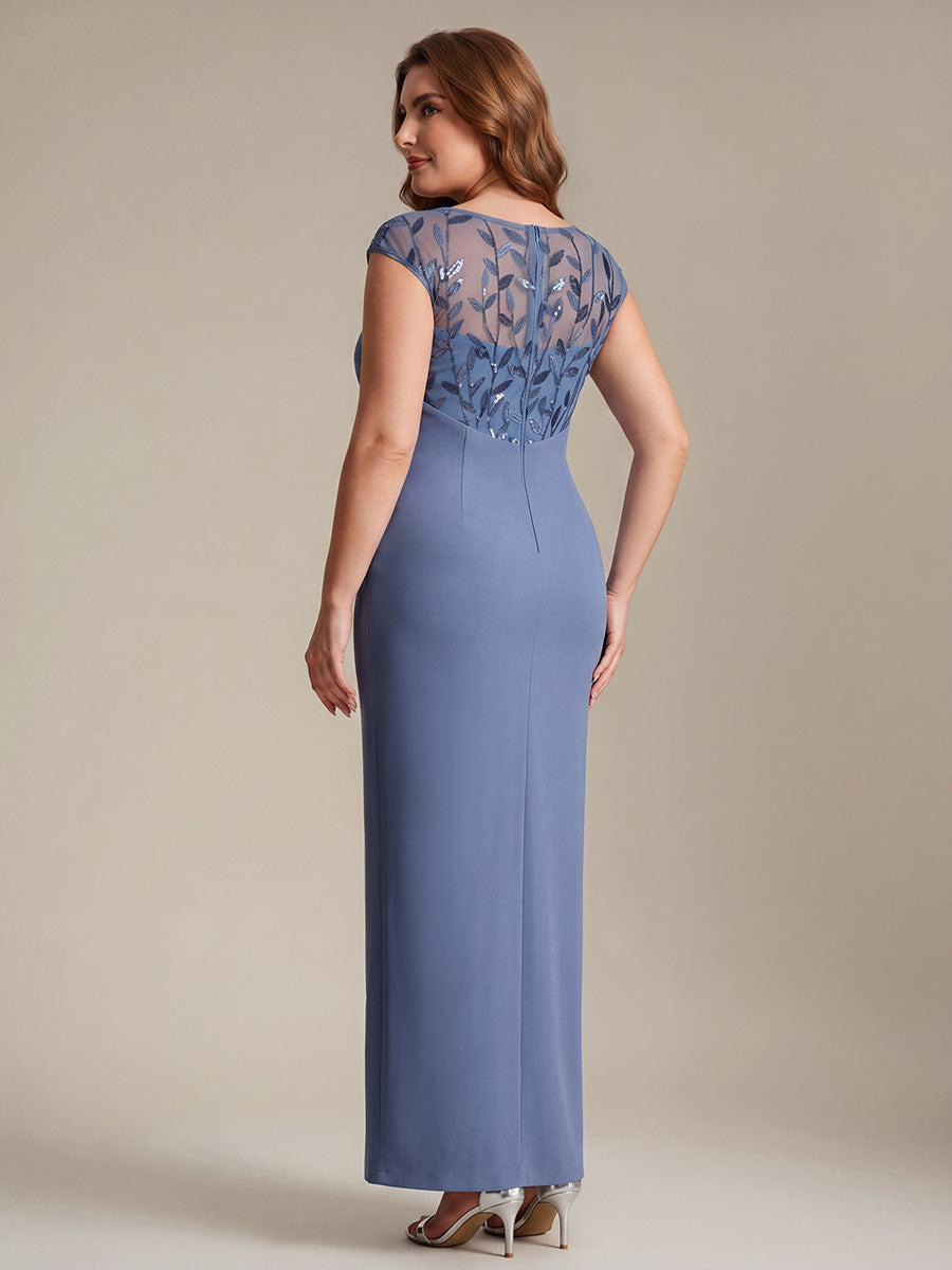 Robe longue moulante asymétrique à manches courtes en sequins extensibles #Couleur_Marine Fume