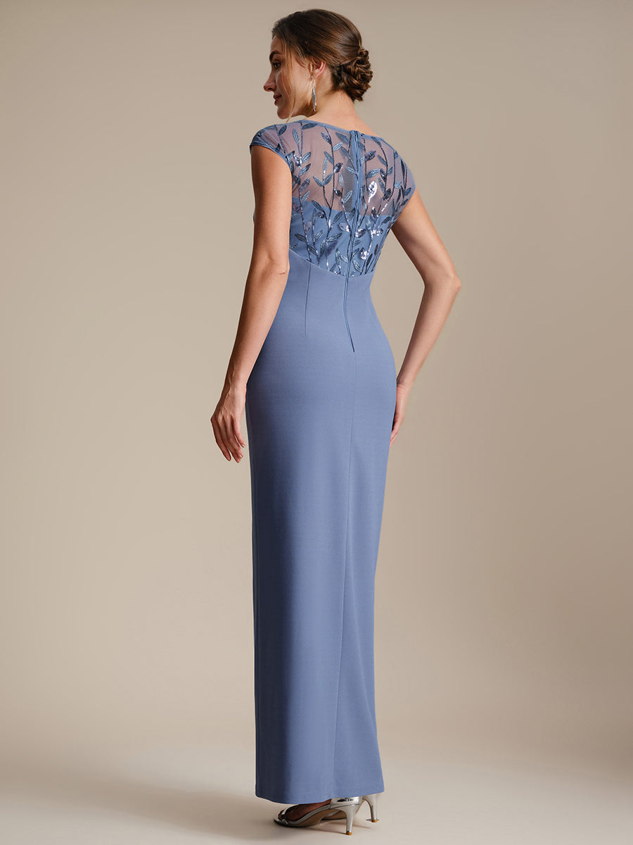Robe longue moulante asymétrique à manches courtes en sequins extensibles #Couleur_Marine Fume