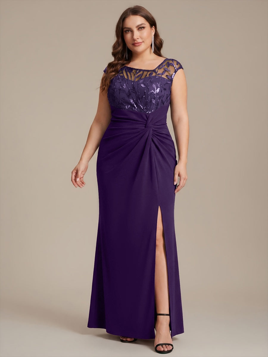 Robe longue moulante asymétrique à manches courtes en sequins extensibles #Couleur_Violet Fonce
