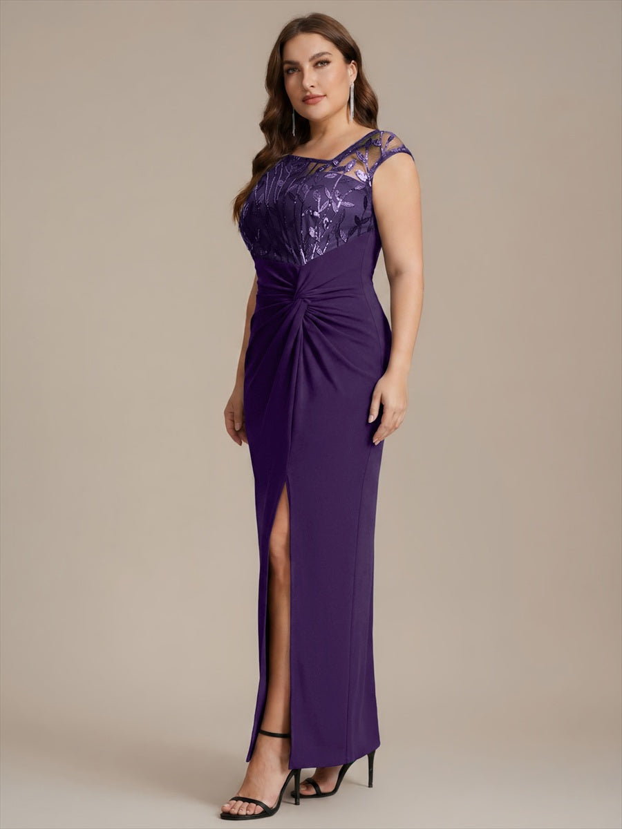 Robe longue moulante asymétrique à manches courtes en sequins extensibles #Couleur_Violet Fonce