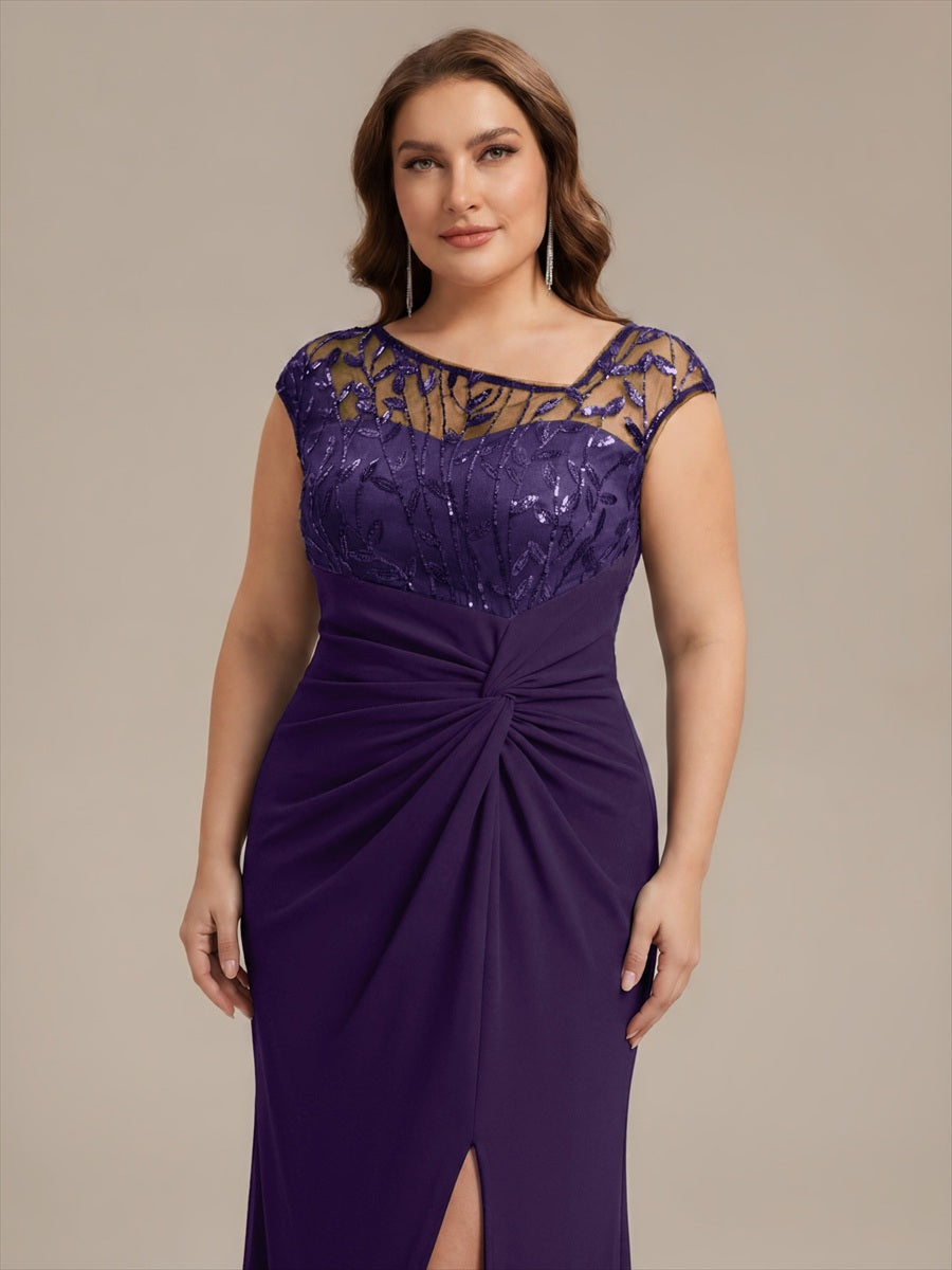 Robe longue moulante asymétrique à manches courtes en sequins extensibles #Couleur_Violet Fonce