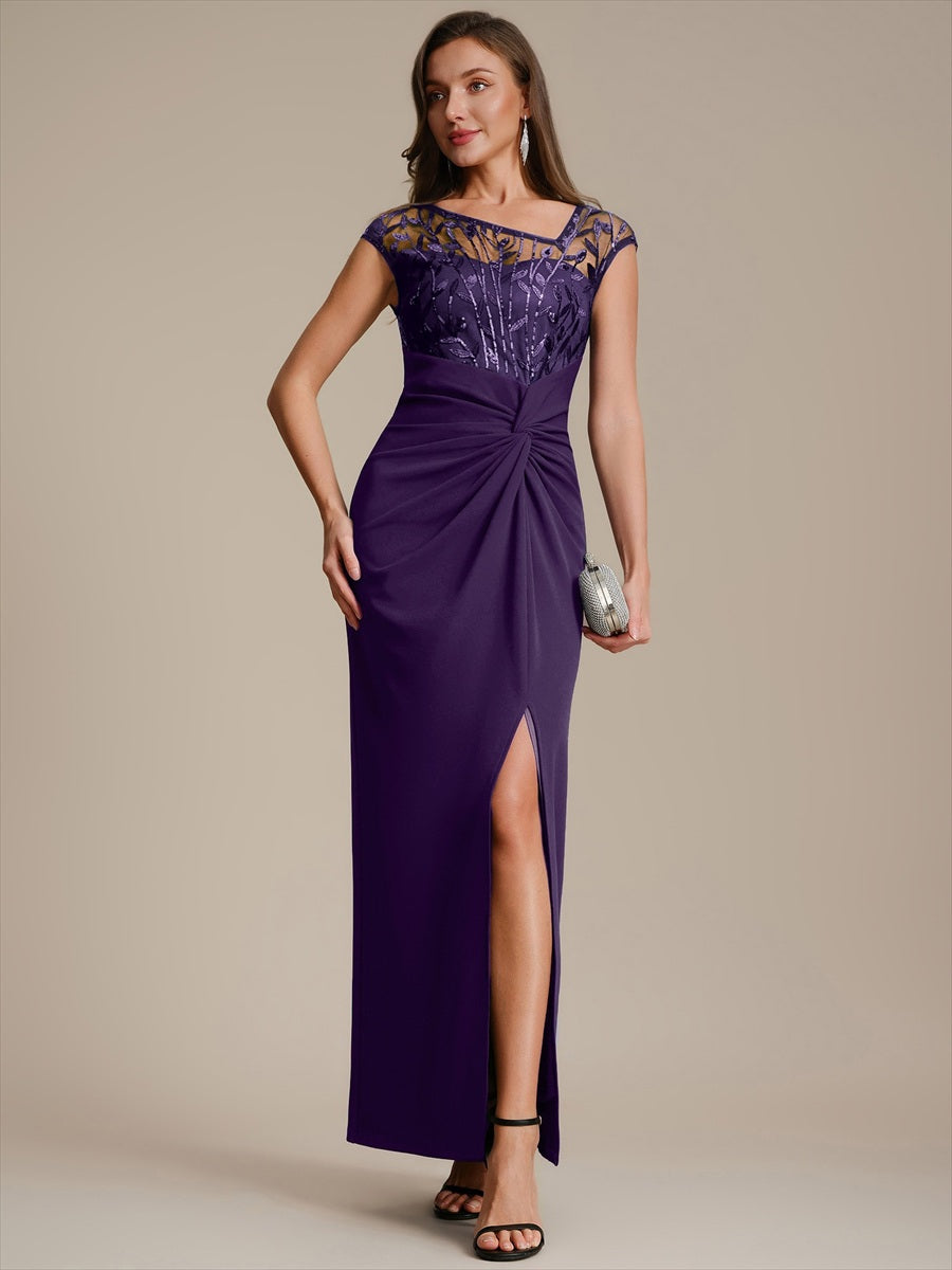 Robe longue moulante asymétrique à manches courtes en sequins extensibles #Couleur_Violet Fonce