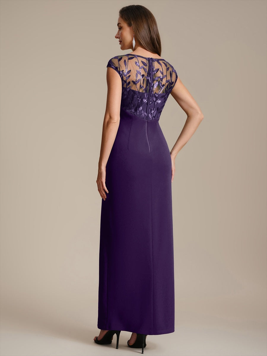 Robe longue moulante asymétrique à manches courtes en sequins extensibles #Couleur_Violet Fonce